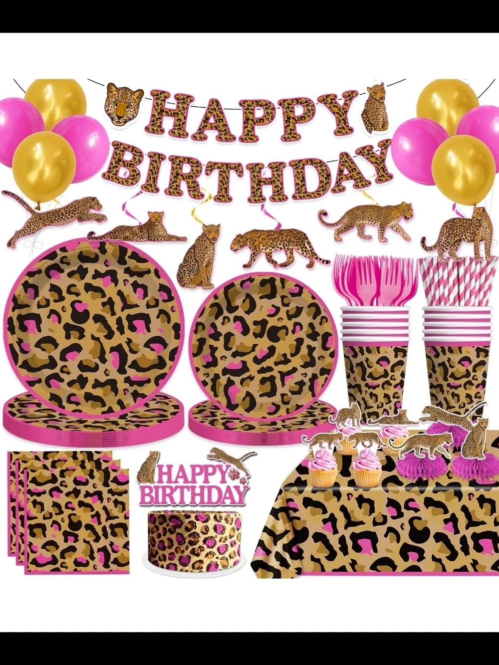 Wild Leopard Print Pink & Gold Birthday Party Kit For 50 Guest